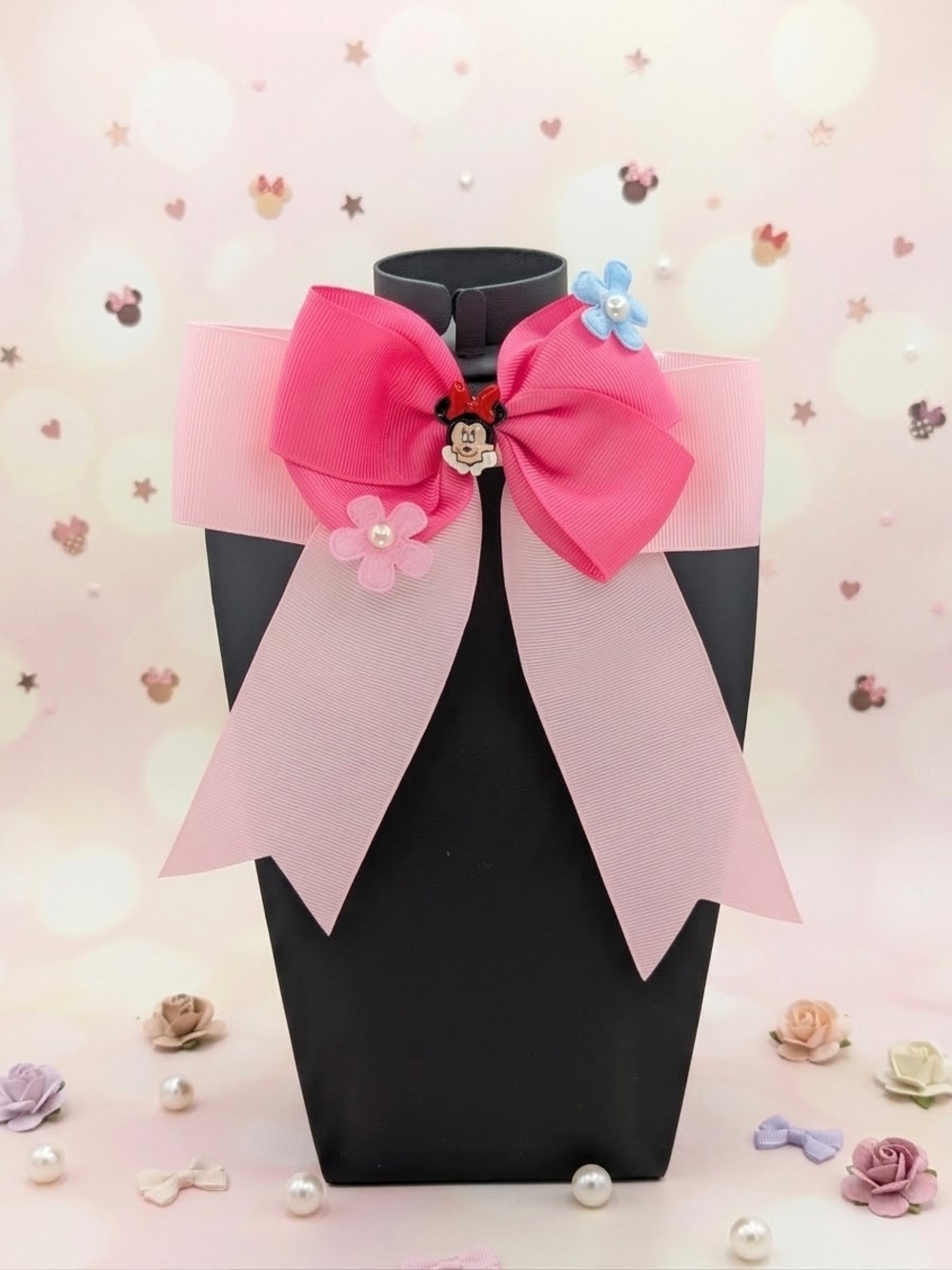 Large Minnie Mouse Layered Pink Ribbon With Charm Hairbow